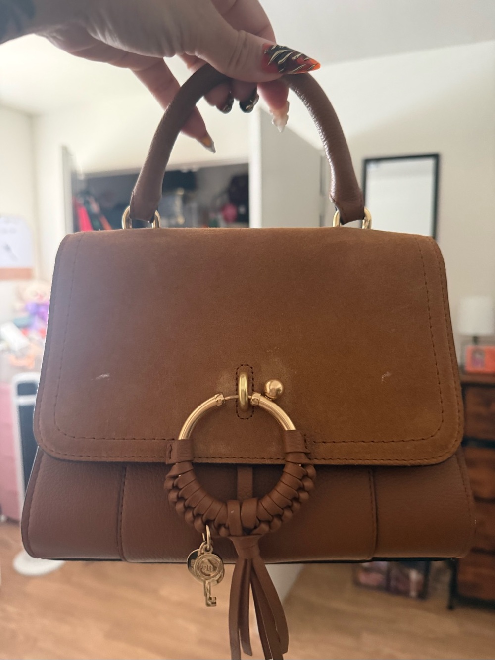 See by Chloe Brown Top-Handle Leather Satchel with Gold Ring Accent